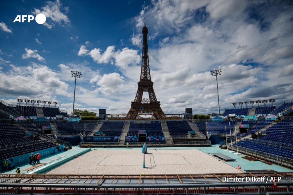 Construction site of the Eiffel Tower Stadium for the Paris 2024 Olympics and Paralympic Games which will host the Beach Volleyball and men's Blind Football competitions, at the Champ de Mars