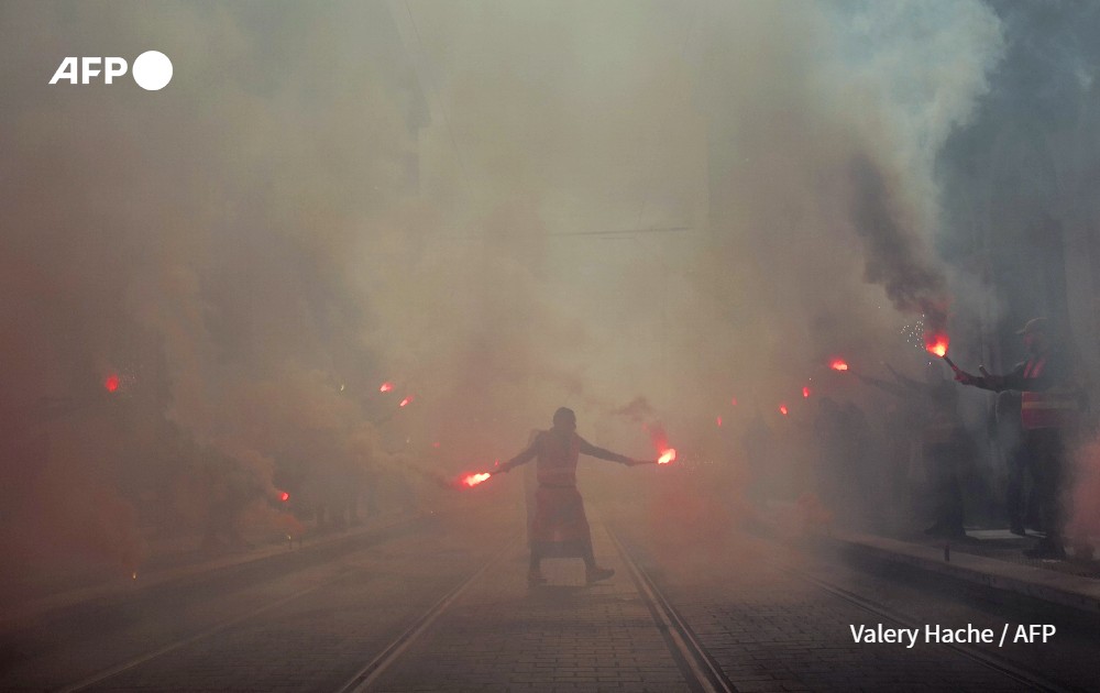 People in a demonstration against French Preseident's pension reform in Nice, Fance.